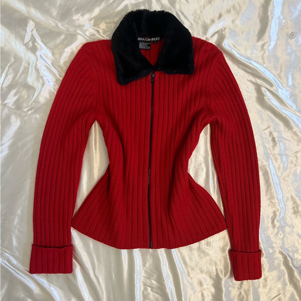 Vintage Nina Charles Red Ribbed Zip-Up Jacket with Faux Fur Collar